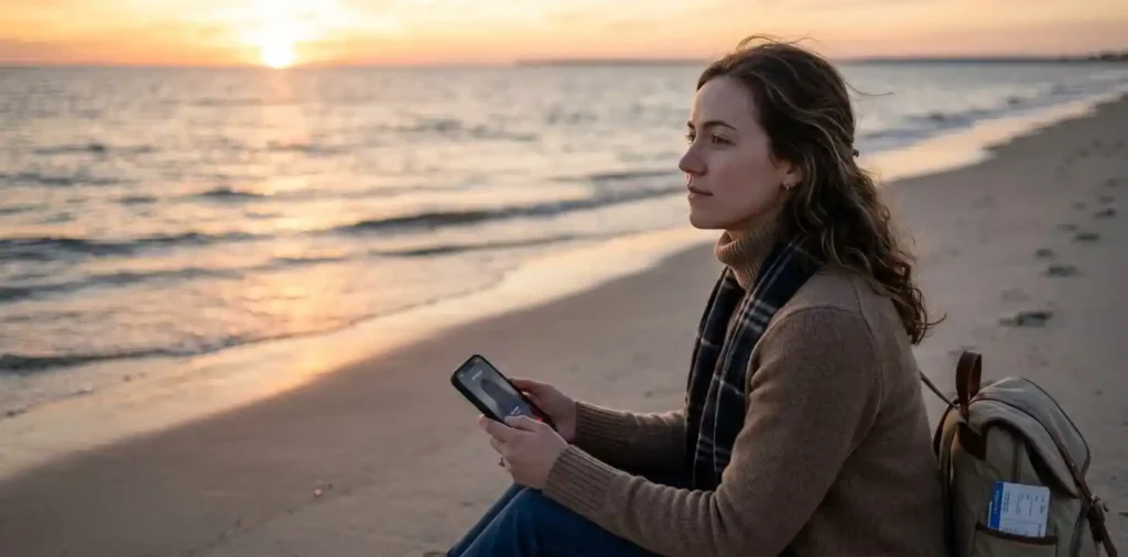 Young woman looking thoughtfully at her phone
