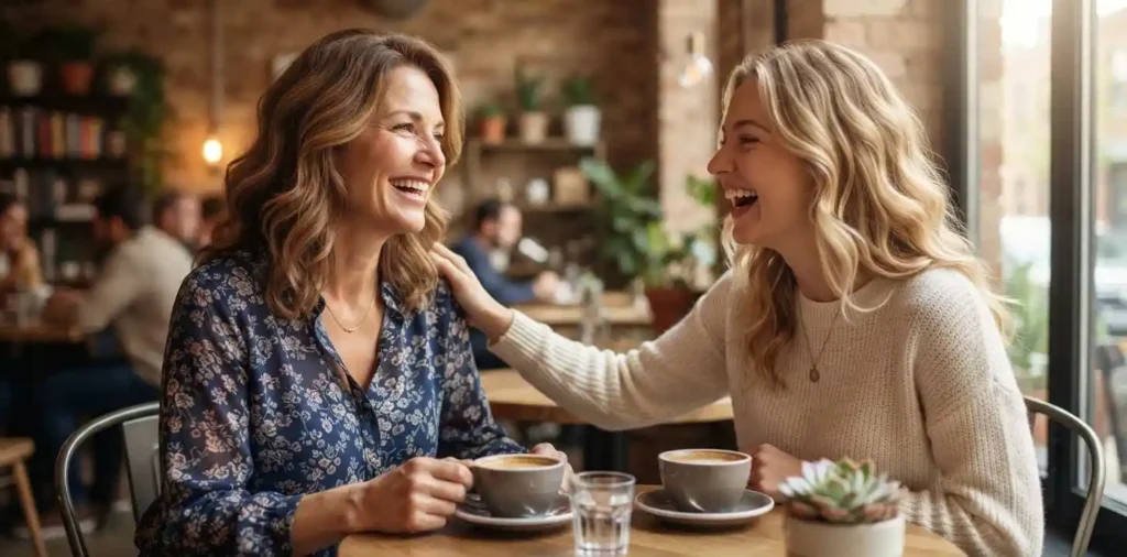 Mother and daughter laughing together at a café