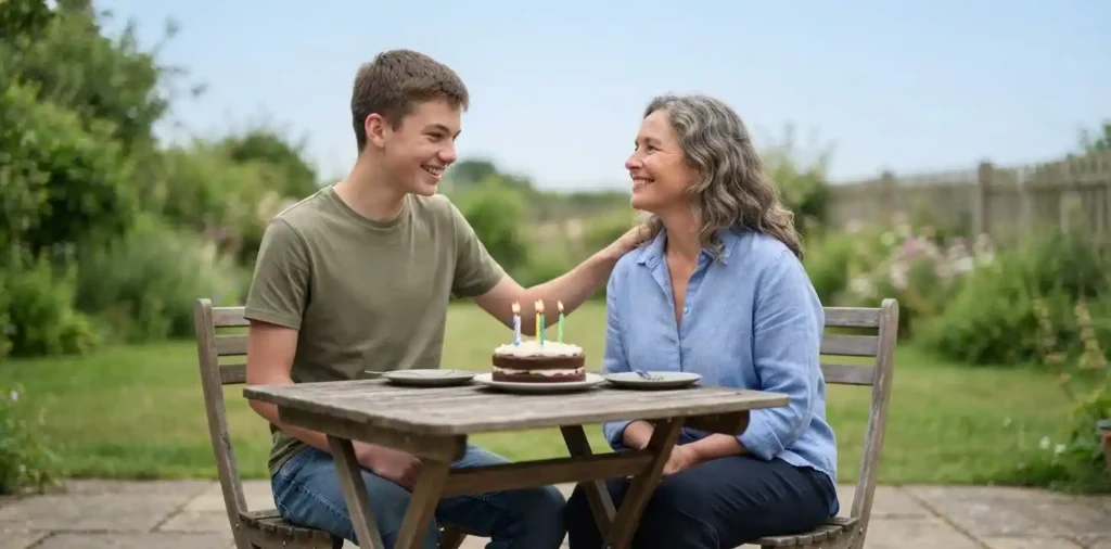 Mother and son celebrating a simple birthday together