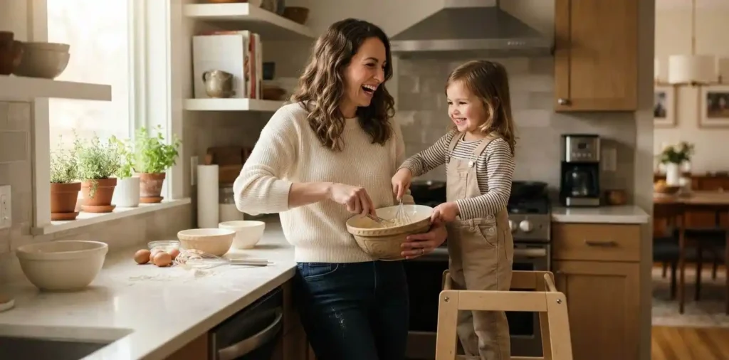 Mother laughing while cooking with her young child