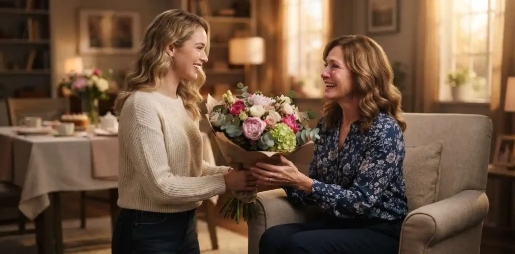 Daughter giving her mother flowers on Mother's Day