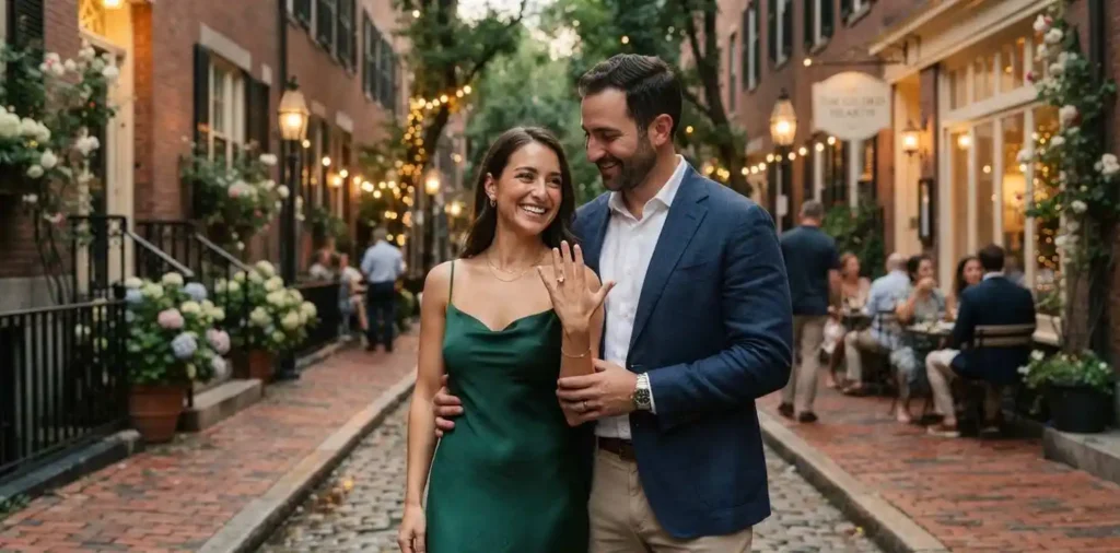Newly engaged couple showing engagement ring