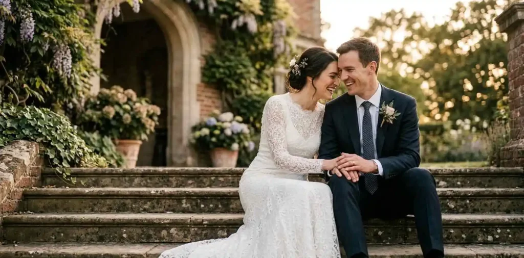 Newly married couple laughing together after ceremony