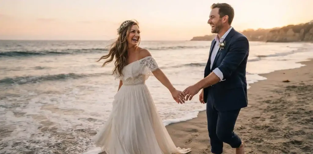 Newlywed couple holding hands with wedding rings
