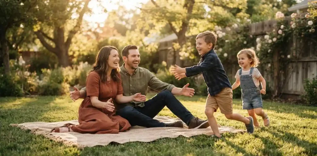 Parents laughing with children during a backyard picnic