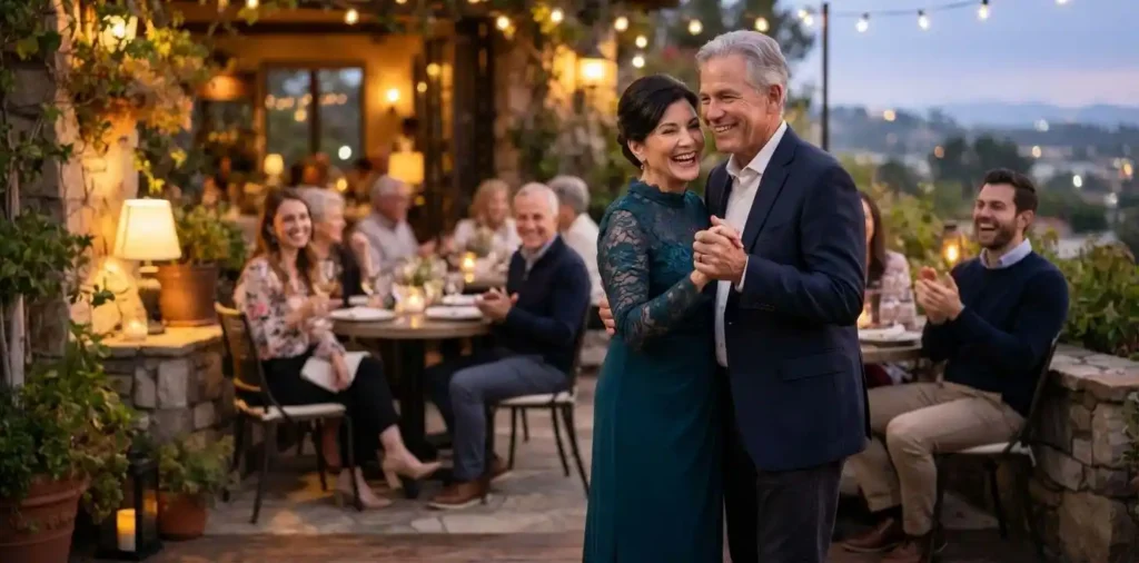Parents dancing together during their anniversary celebration