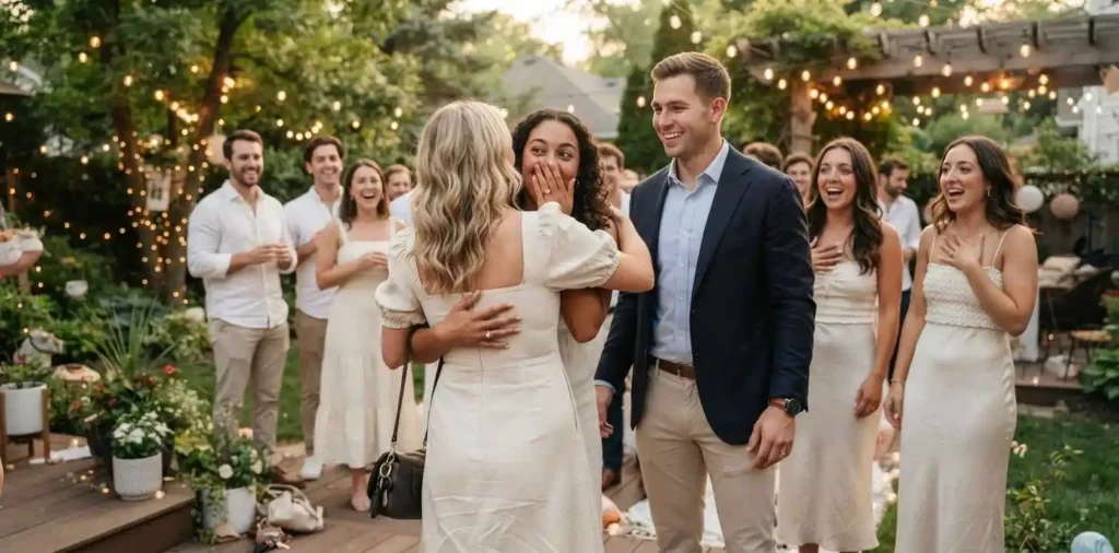 Couple sharing their engagement news with friends