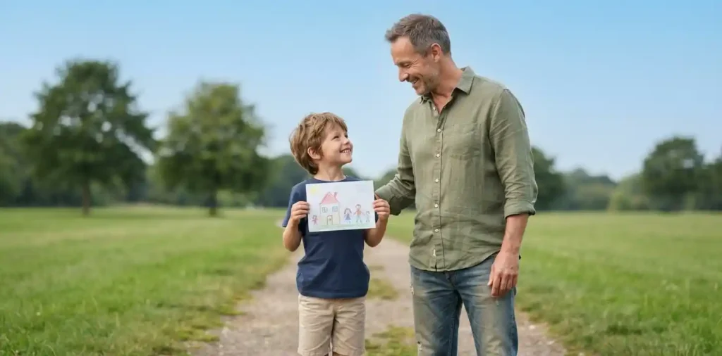 Proud father smiling beside his young son