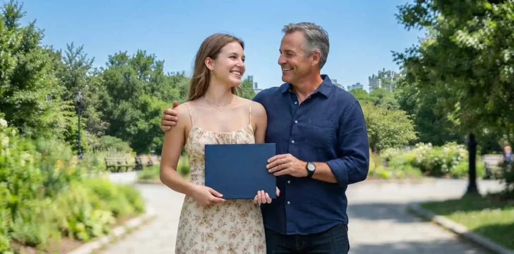 Proud father smiling beside his daughter