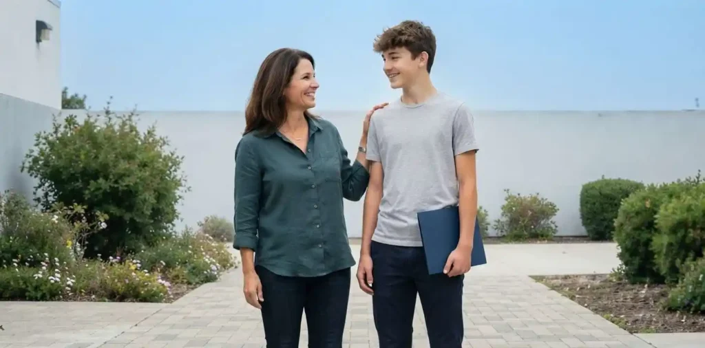 Proud mother standing beside his confident son