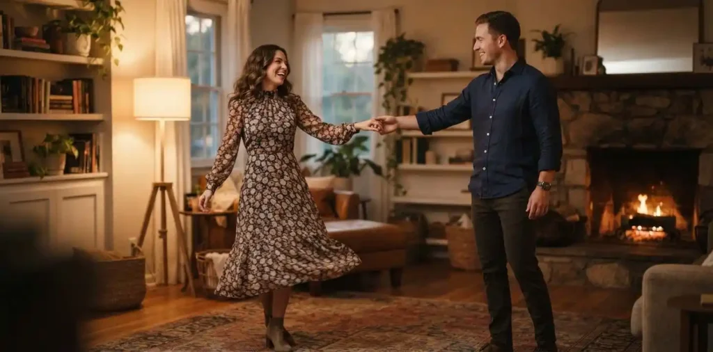 Couple dancing together in a softly lit room