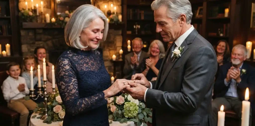 Couple exchanging rings during second vow ceremony