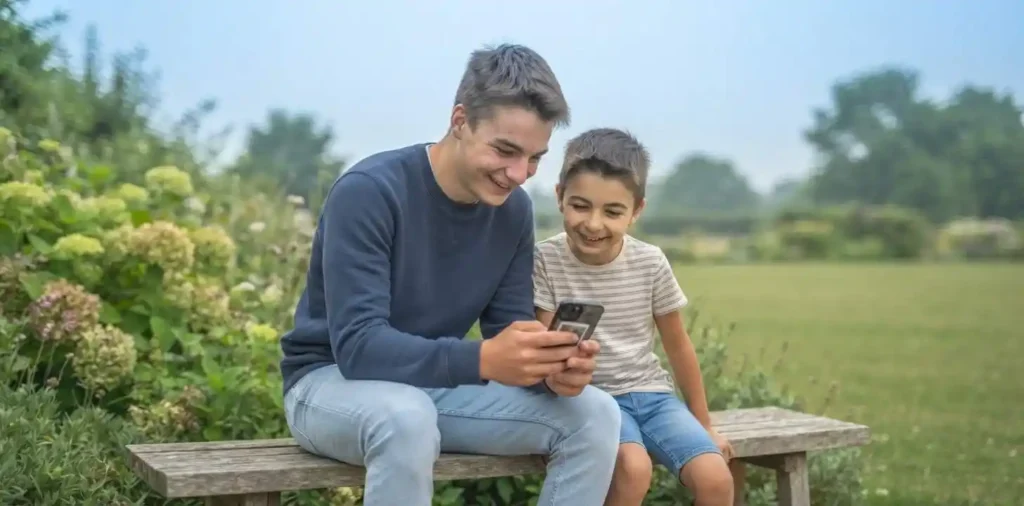 Brothers relaxing together on a park bench