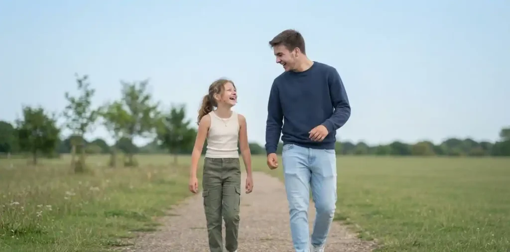 Brother and sister laughing together outdoors