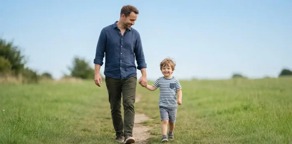 Father and son walking together under blue sky
