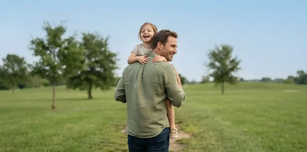 Father carrying his young daughter outdoors