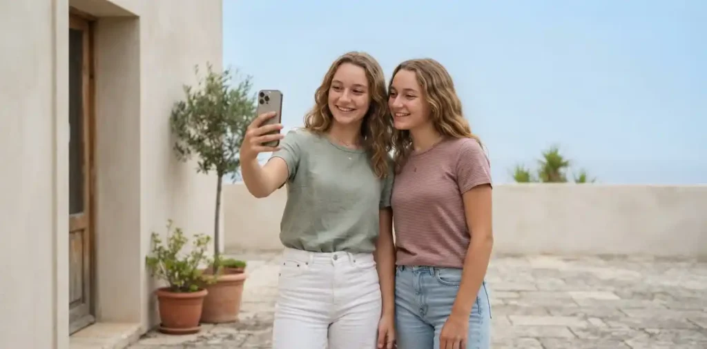Twin sisters taking a casual photo outdoors