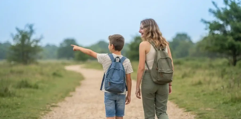 Siblings exploring a peaceful outdoor trail