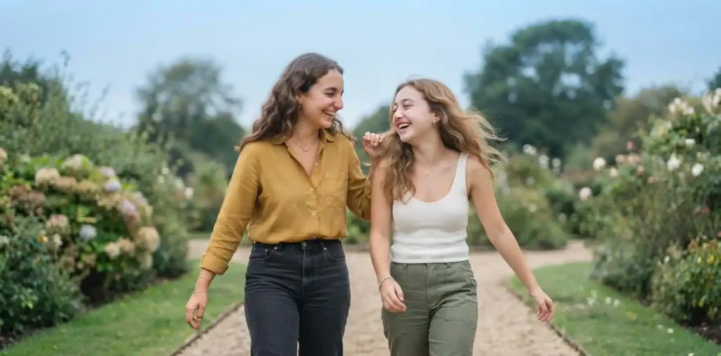 Sisters laughing together during a casual walk