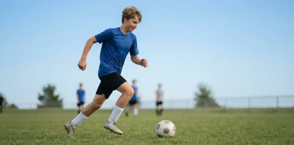 Young son playing sports on a field