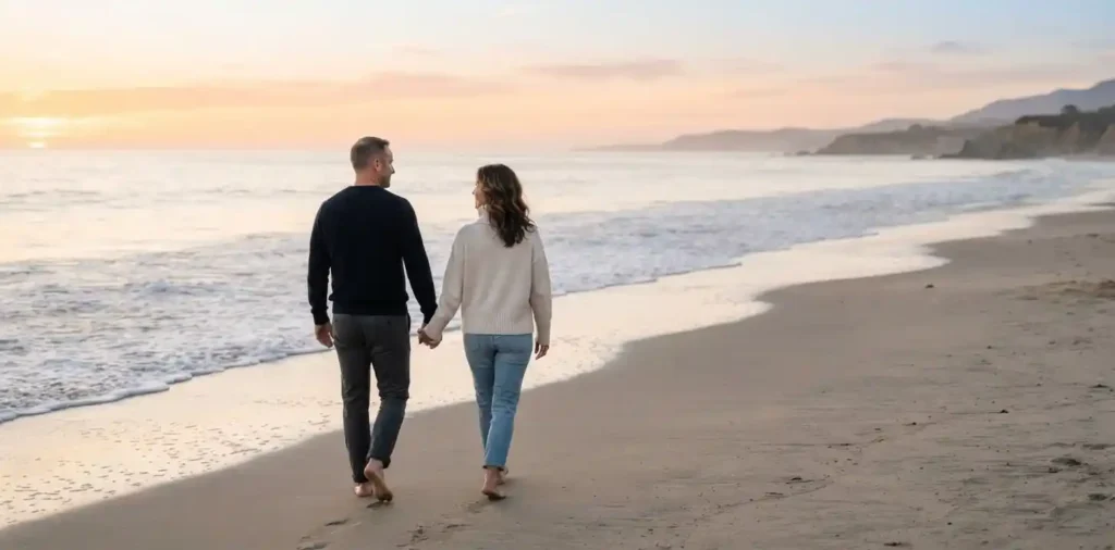 Couple walking together along a quiet beach