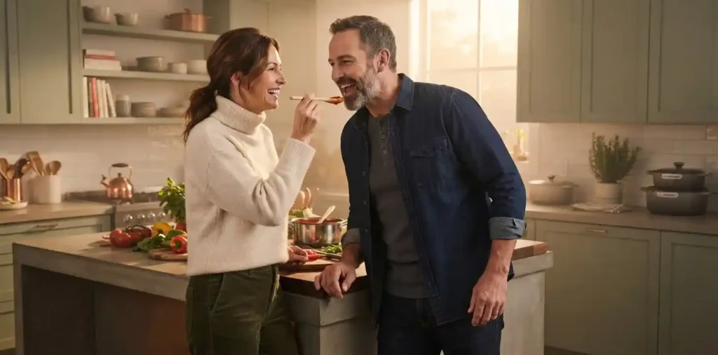 Long-term couple cooking dinner together at home