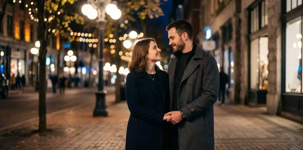 Couple sharing a heartfelt moment beneath city lights
