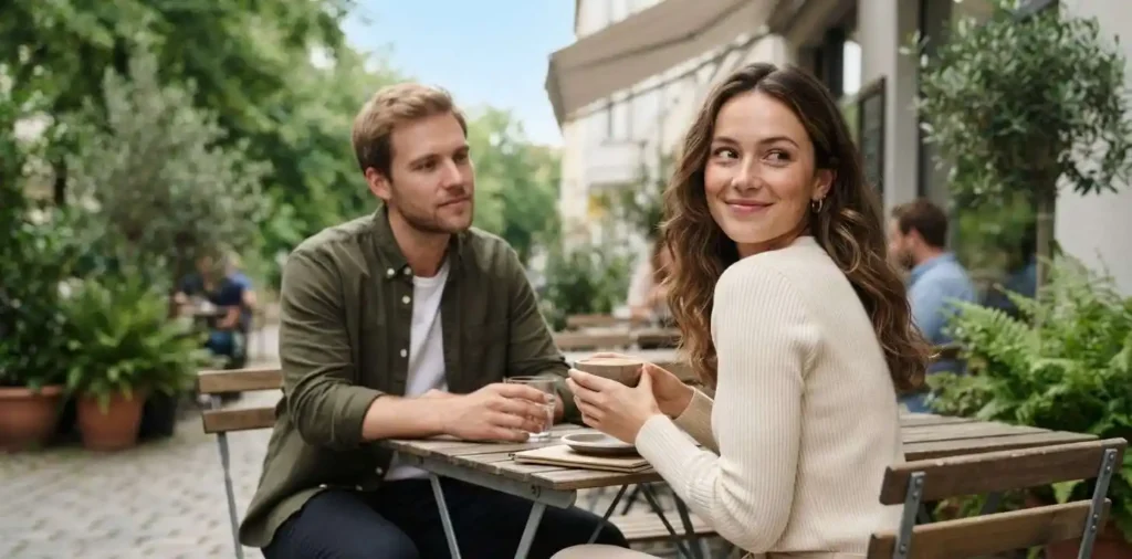 Young couple sharing a shy smile outdoors