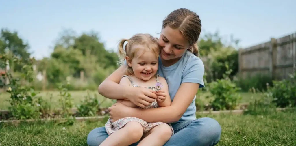Older sister hugging her little sister outdoors