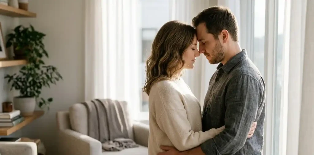 Couple sharing a quiet embrace by the window
