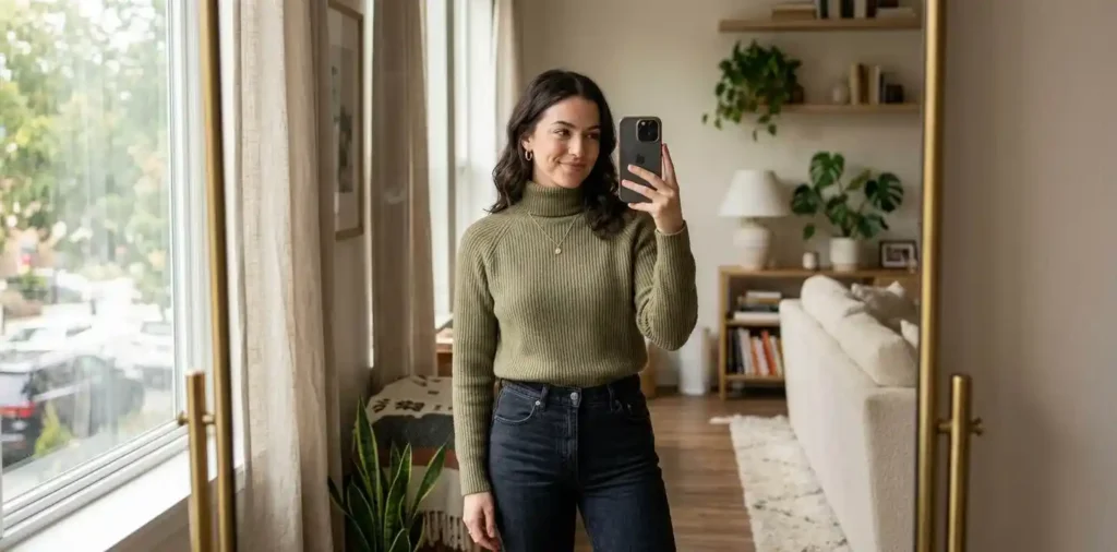 Young woman taking a smiling mirror selfie