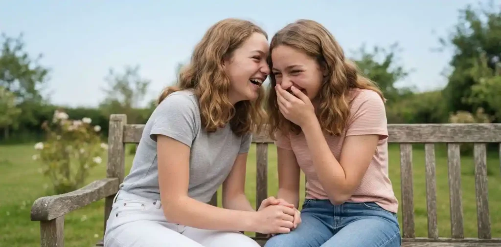 Twin sisters laughing together in a peaceful park