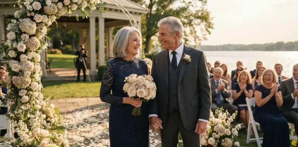 Couple embracing after their vow renewal ceremony