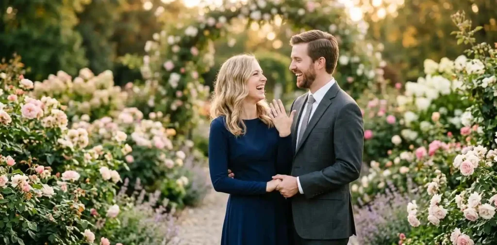 Engaged couple celebrating together in a romantic garden