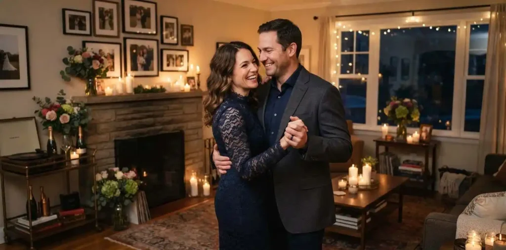 Couple dancing together during anniversary celebration