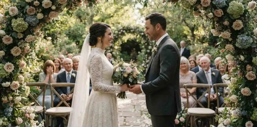 Couple exchanging vows during an outdoor wedding ceremony