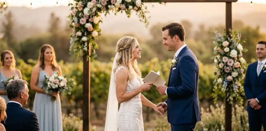 Bride and groom exchanging vows outdoors