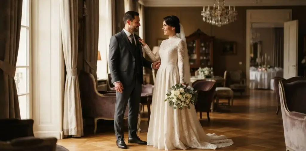 Bride and groom admiring their wedding outfits