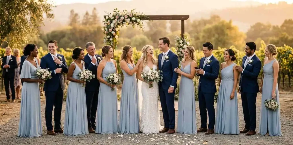 Wedding party laughing together outside the venue