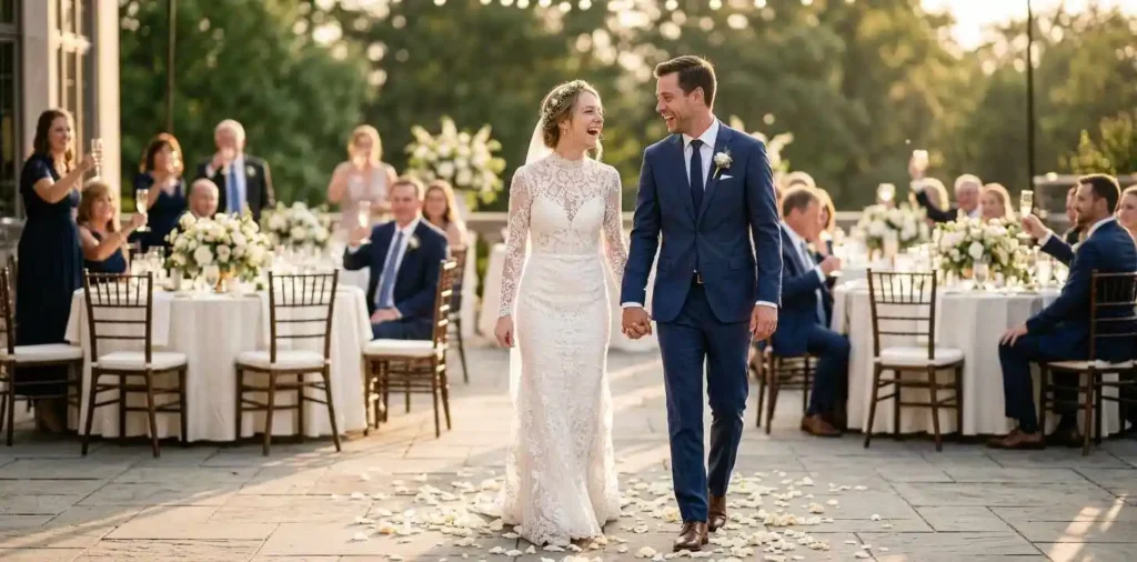 Newlyweds laughing together after their wedding ceremony