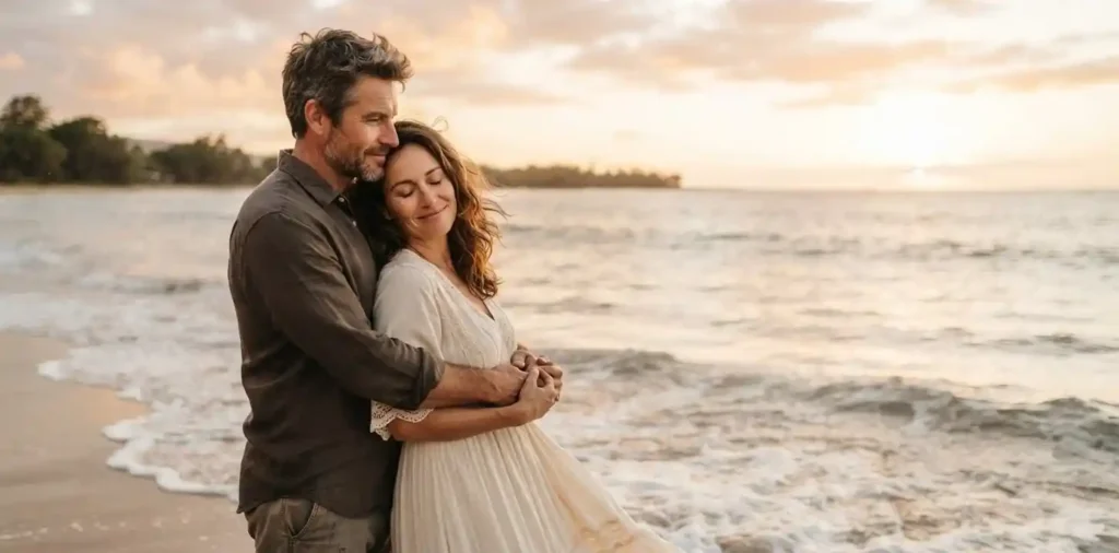 Married couple embracing during anniversary celebration