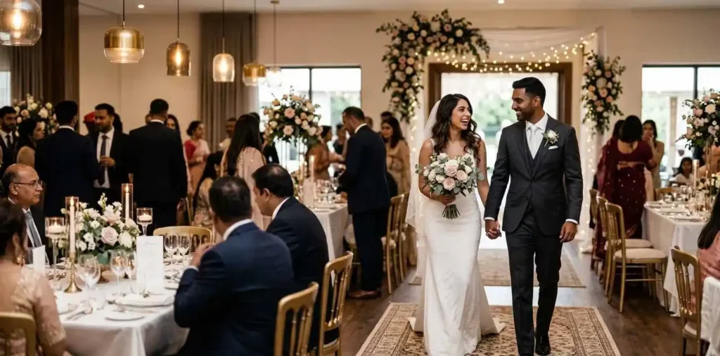 Bride and groom posing beside wedding reception