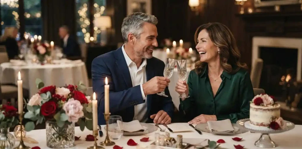 Couple celebrating wedding anniversary with champagne