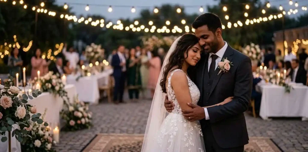 Newlyweds embracing beneath outdoor wedding lights