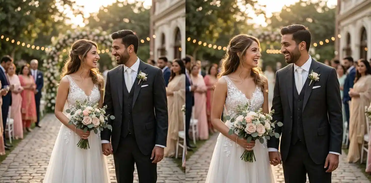 Newlyweds sharing a candid wedding moment
